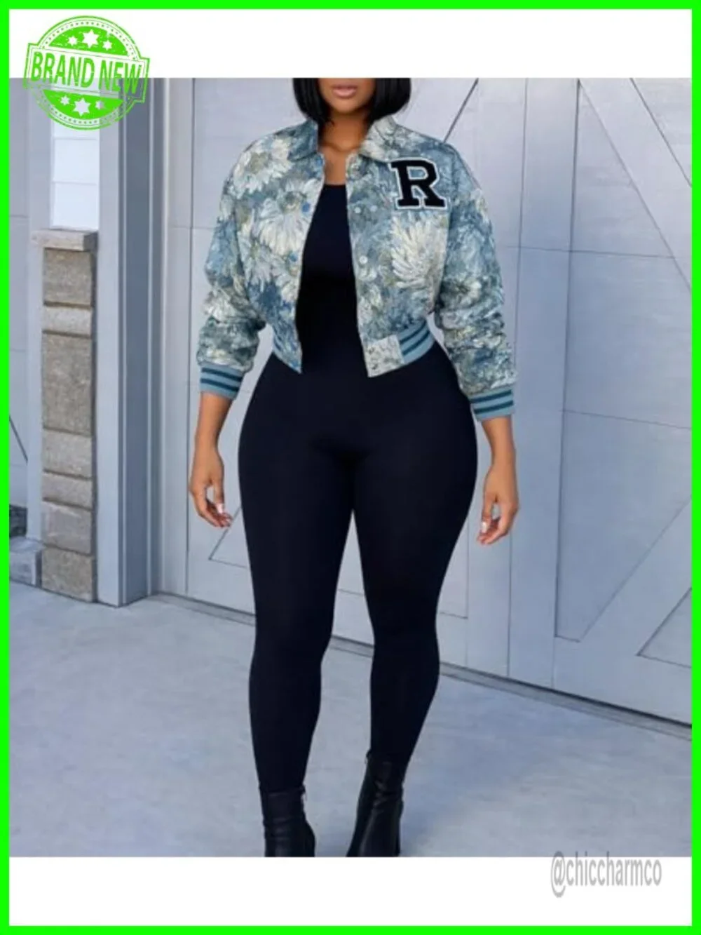 Cropped Bomber Jacket Women Floral Textured Varsity Letter Patch Snap Button